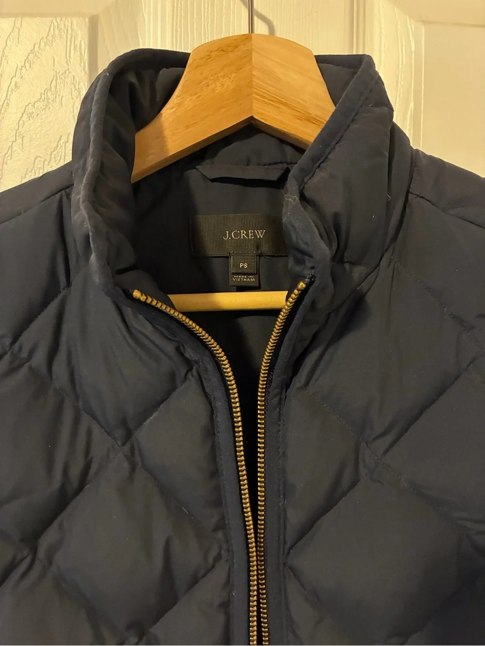 J. Crew Navy Quilted Down Puffer Jacket with Gold Zipper